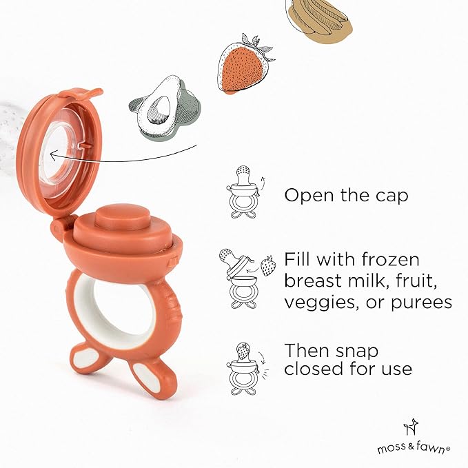 Moss and Fawn Little Explorer Kit - Silicone Frozen Breast Milk Popsicle Kit with Forage Feeder, Teething Popsicle Ice Cube Tray, & Gather & Roll Baby Feeding Bib - BPA, PVC, & Lead-Free - Terracotta