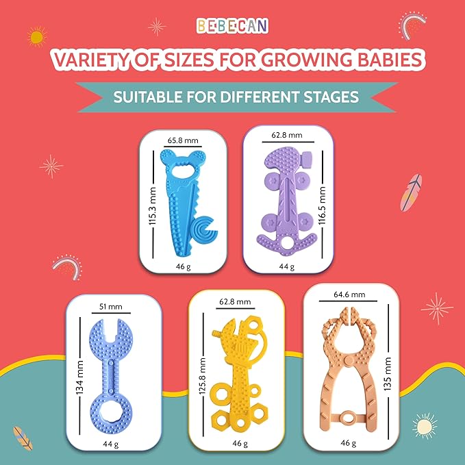 BEBECAN Teething Tools Teether for Baby - 5 Premium Food-Grade Silicone Baby Boy Teething Toys, 2 Straps for Safety and Travel Bag Tool Toys Provide Soothing Relief and Healthy Development.