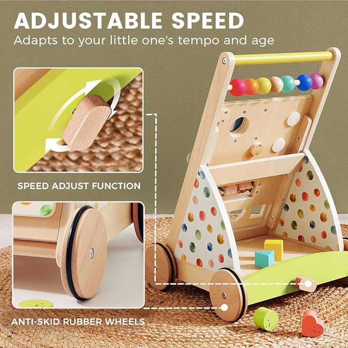 Tiny Land Wooden Baby Walker with Adjustable Speed, Montessori Activity Push Walker Toy for Toddlers, Colorful Learning Walker for Boys & Girls (Rainbow)