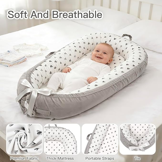 Baby Lounger | Organic Cotton Infant Support Cushion | Reversible, Adjustable & Portable Floor Lounger | Soft, Breathable, Washable Cover