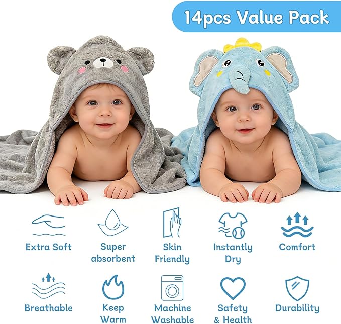 14 PCS Baby Bath Towels Set, 4 PCS Large 31"x31" Animal Hooded Towels & 10 Washcloths, Thick & Ultra Absorbent for Newborns Infants Toddlers 0-5 Years, Soft for Boys