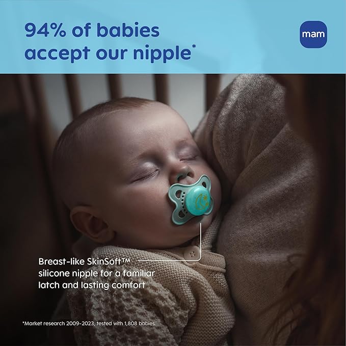MAM Original Baby Pacifiers 0-6 Months, Binky for Newborn Babies, BPA-Free Skin Soft Silicone Nipple, Glows in The Dark, Developed with Medical Experts, 2 Count, Sterilizer Case, Made in Europe