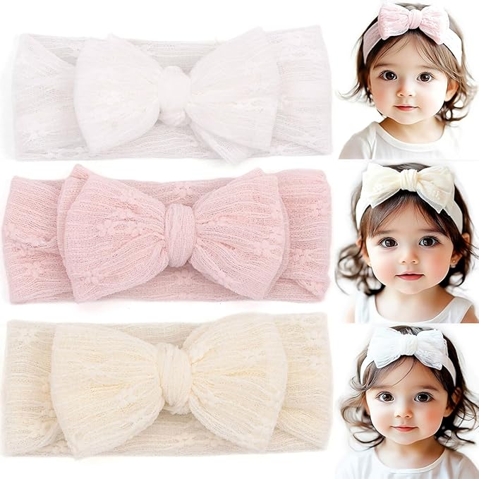 Handmade Baby Headbands Soft Stretchy Nylon Hair Bands with Bows for Toddler Child Girls- Pack of 3 (Set-A, 3 Count (Pack of 1))