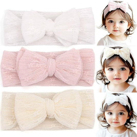 Handmade Baby Headbands Soft Stretchy Nylon Hair Bands with Bows for Toddler Child Girls- Pack of 3 (Set-A, 3 Count (Pack of 1))