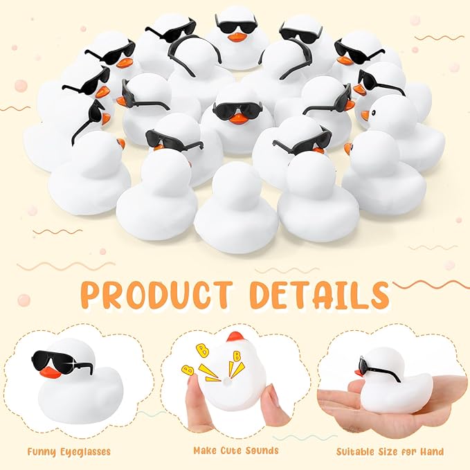 Sosation 36 Packs Mini Rubber Ducks with Sunglasses Sets 2.2 Inch Bath Squeaky Rubber Duckies Cute Float Bathtub Toys for Birthday Party Favors Class Carnival Prizes Car Decor(White)