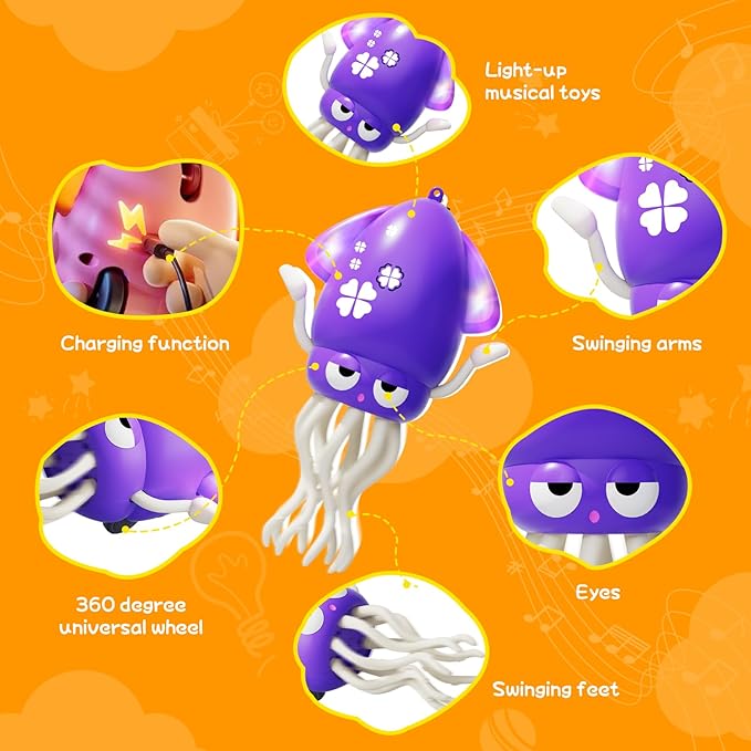 Electric Dancing Octopus Toy with Led Light and Music, Kids Electric Crawling Octopus Tummy Time Toys, Rechargeable Interactive Sensory Toyy, Perfect Christmas Birthday Gift (Purple)