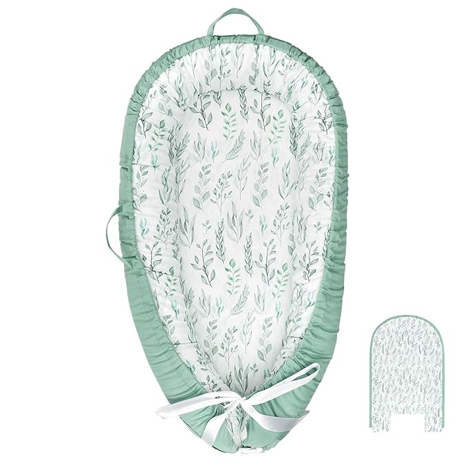 DILIMI Baby Lounger Cover, Cotton Baby Nest Replacement Cover for Girls Boys, Soft Breathable Reversible Newborn Lounger Cover, Green Leaf (Only Cover)