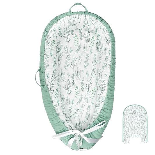 DILIMI Baby Lounger Cover, Cotton Baby Nest Replacement Cover for Girls Boys, Soft Breathable Reversible Newborn Lounger Cover, Green Leaf (Only Cover)