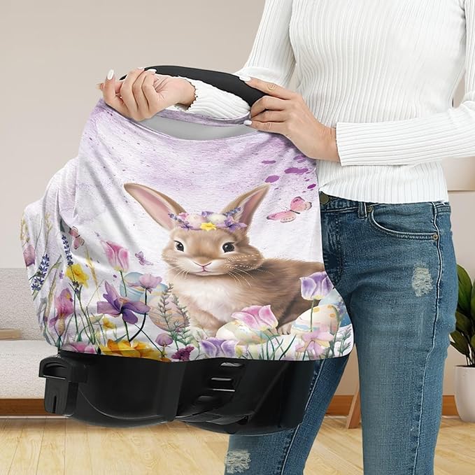 Easter Bunny Print Car Seat Canopy for Girls,Lovely Soft Nursing Cover Easter Theme Washable Breastfeeding Scarf for Family