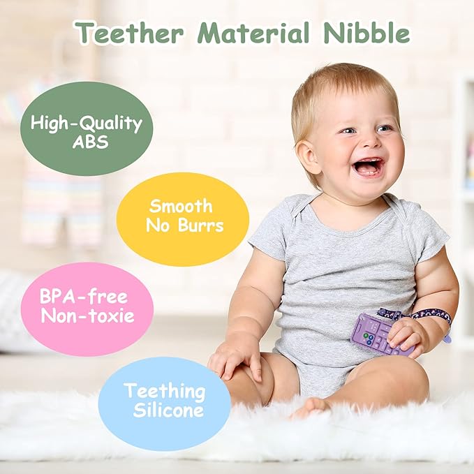 Aolso 2PCS Silicone Baby Teething Toys, Cell Phone Teether Toys with 2PCS Pacifier Clip, Baby Teething Toys for 0-12 Months, Baby Phone Chew Toys BPA Free/Freezable/Dishwasher(Purple&Green)