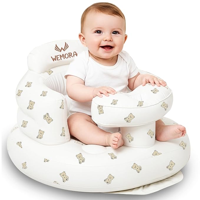 Inflatable Baby Seat for Babies 3-36 Months Blow Up Chair for Babies Infants Toddler Floor Sitting Up with Built in Air Pump (White, Bear)
