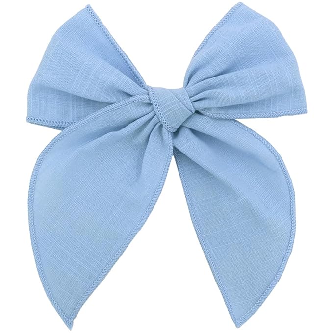 YUESE Linen Bow Hair Clip for Girls & Women – Soft Cotton Linen Fabric, Handmade Large Bow Barrette, Lightweight Hair Accessory for Daily Wear, School, Party & Gift (Blue)