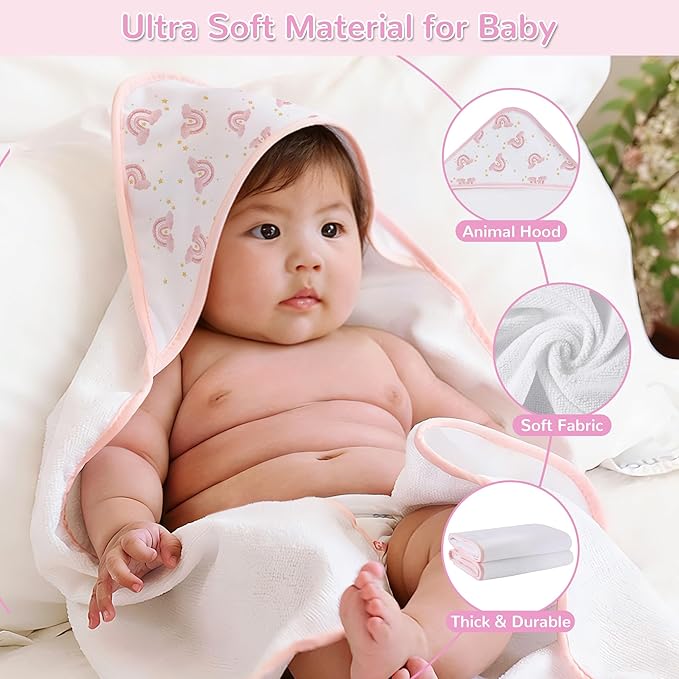 Viviland 6 Pcs Hooded Baby Towels and Washcloths Set, Super Gentle Bath Towels for Newborn Face & Body, Absorbent Wash Cloth for Infants Girls, Pink-Rainbow Pattern, 28 x 28 inch