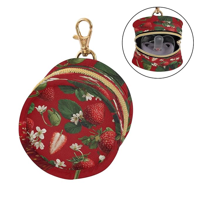 Pacifier Holder with Clip Pacifier Case for Diaper Bag Round Baby Pacifier Pouch Box Bag Portable Red Strawberries Flowers