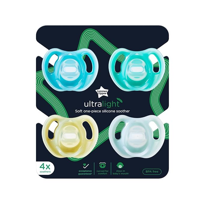 Tommee Tippee Ultra-Light Silicone Pacifier, 6-18 Months, Symmetrical One-Piece Design, BPA-Free Silicone Binkies, Blue/Green/Yellow, Pack of 4