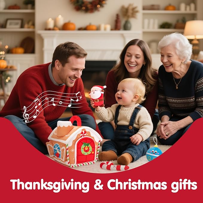 hahaland Baby Toy for 6–12 Months – Musical & Sensory Plush Toy Set with Gingerbread House, Santa, Reindeer & Rattles, Soft Infant Activity Toys, Baby Easter Basket Stuffers