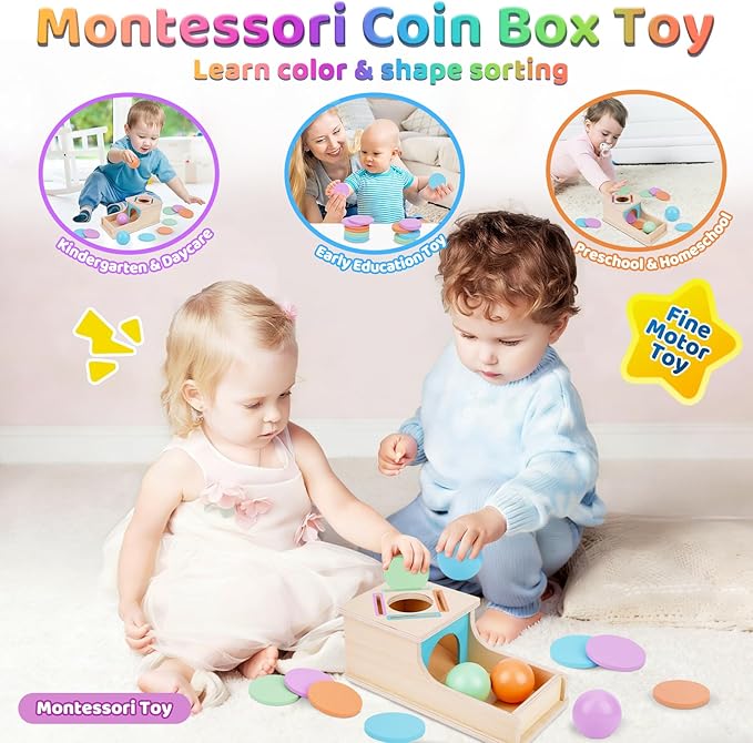 FCSONU Toddlers Montessori Coin Box Toys for 1 2 3 Year Old Boys Girls, Object Permanence Box Ball Drop Toy, Learning Sorting Sensory Toys for Ages 2-3 Kids, 1st Birthday Gifts for Baby 12-18 Months