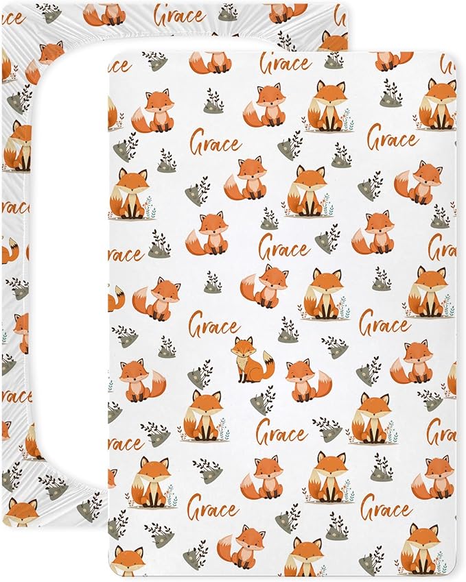 Personalized Cute Fox Pack N Play Sheets Fitted for Standard Pack and Plays, Mini Cribs, Playard,Playpen - Customized Name Mini Cribs Mattress Fitted Sheet for Baby Girls Boys - Soft Breathable
