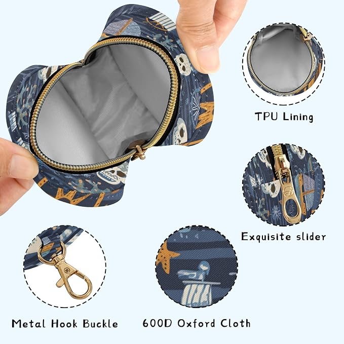 Pacifier Holder with Clip Pacifier Case for Diaper Bag Round Baby Pacifier Pouch Box Bag Portable Blue Pirate Skulls Sailboats Starfish and Compass
