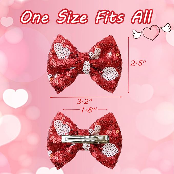 Valentines Red Sequin Hair Bows for Girls Pink Sparkly Alligator Clips Pink Love Heart Glitter Valentine's Day Hair Accessories for Little Teen Toddler Girls Kids Gift