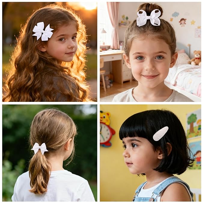 choicbaby 8pcs Baby Girl Hair Bow Clips Set, White Toddler Hair Clips Boutique Grosgrain Ribbon Bow Hair Barrettes Accessories for Infant Toddler Kids