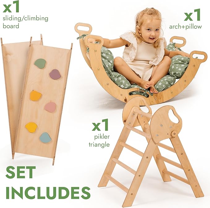 Goodevas 5-in-1 Toddler Climbing Toys Indoor Set - Pikler Triangle, Climbing Arch, Balance Cushion, Montessori Climbing Gym for Toddlers 1-3, Foldable Wooden Baby Activity Center, Jungle Gym for Kids