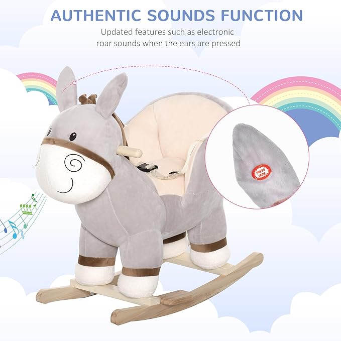 Qaba Kids Rocking Chair, Plush Ride On Rocking Horse Donkey with Sound, Wood Base Seat, Safety Belt, Baby Toddler Rocker Toy for 18-36 Months, Gray