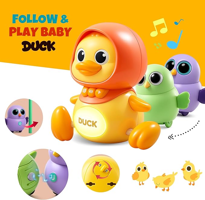 Crawling Duck Baby Toy with Music & Lights, Waddling Follow Duck Tummy Time Toy for Infants 6–12 Months, Developmental Learning Gift for 1 Year Old Toddlers Boys Girls