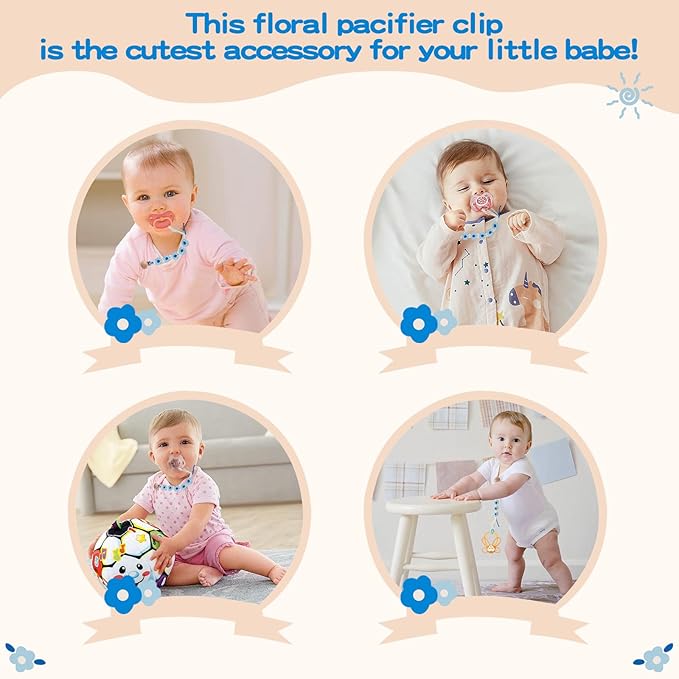 Pacifier Clip for Boys Girls Floral Daisy Macrame Baby Paci Clip Pacifier Holder Leash Boho Wooden Clips Handmade Braided Cotton Binky Clips (Baby Blue & Frost Blue)