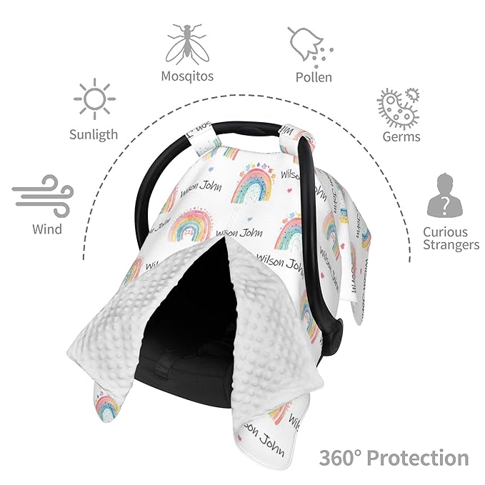 Personalized Winter Car Seat Covers for Babies with Name Rainbow Minky Baby Car Seat Cover for Boys Girls Custom Infant Carseat Covers Baby Blanket Nursing Cover Breastfeeding Scarf