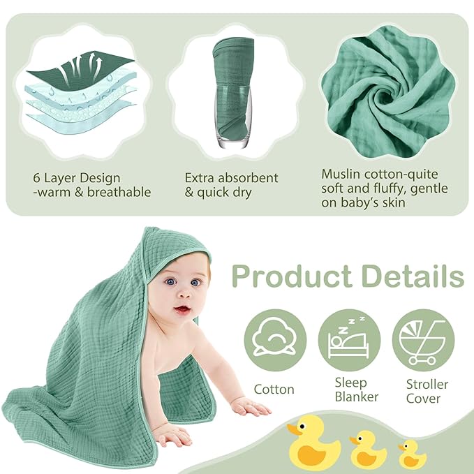 Peryiter 4 Pcs Muslin Hooded Baby Towels 32 x 32 Inch Cotton Newborn Bath Essentials Muslin Infant Blankets Absorbent Registry Gifts for Girl Boy Kids Baby Shower (Green,Gray,Rust,Blue)