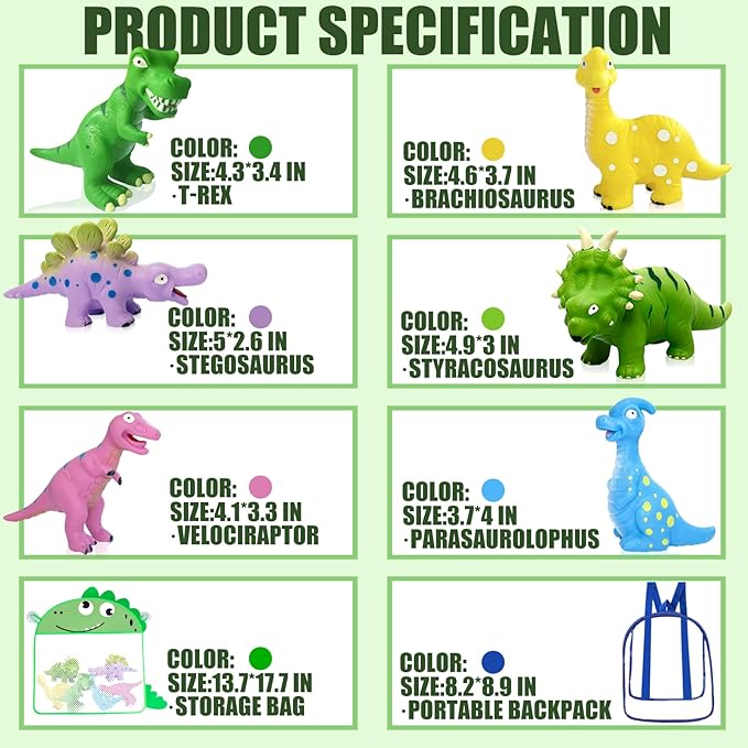 Dinosaur Bath Toys for 18 Mon, 6 Pcs Mold Free Dino Bath Toy for Toddler 1-3, Soft Rubber Baby Bathtub Shower Water Table Pool Toys with Mesh Organizer & Backpack, Exquisite Box Gifts for Boys Girls