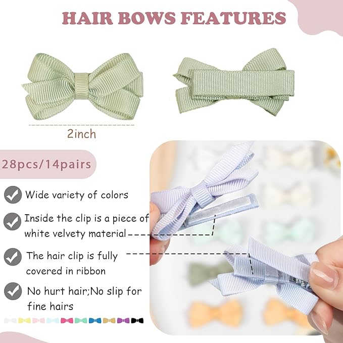 28 Pack 2'' Mini Bow Snap Clips,Baby Girls Grosgrain Ribbon Bows Tiny Hair Clips Fine Hair for Girls Infants Toddlers