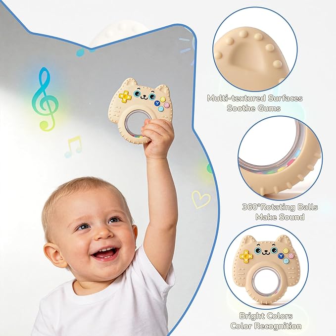 Baby Teether Toy Silicone Cat Teething Ring -Game Controller, Baby Rattle Toy Chew Sensory Toys for Babies Over 3 Months, Teething Relief for Newborn Infant Essentials 0-6 6-12 Months, BPA Free -Beige