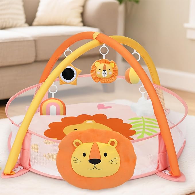 7-in-1 XL Large Baby Play Gym Mat, Tummy Time Mat, Baby Gym & Ball Pit, Baby Activity Mat with Milestone Cards & 6 Detachable Toys for Sensory Motor Skill, Lion