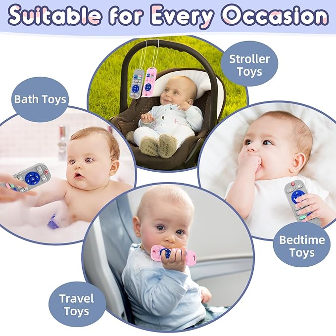 Teething Relief Teethers Toys for Babies 3 6 9 12 Months Gifts Essentials, Silicone Sensory Remote Control Baby Chew Toy for Newborn Infant Boy Girl Autism Birthday Gift, Gray & Pink