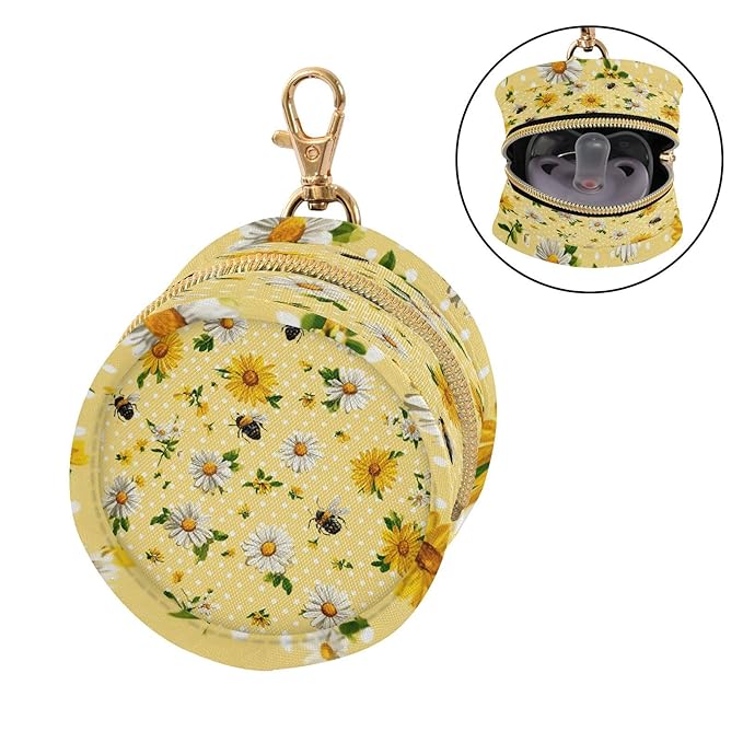 Pacifier Holder with Clip Pacifier Case for Diaper Bag Round Baby Pacifier Pouch Box Bag Portable Yellow Dot Bee and Daisy