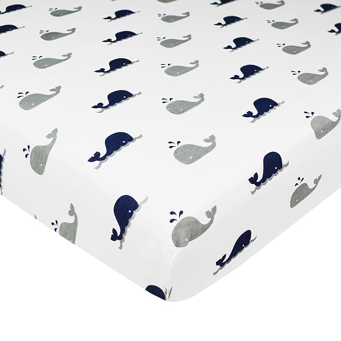 TL Care 2 Pack 100% Natural Cotton Fitted Pack and Play Sheets 39" x 27" - Soft & Breathable Pack N Play Sheets for Playard & Mini Crib Mattress, Navy Whale/Gray Zigzag, for Boys & Girls