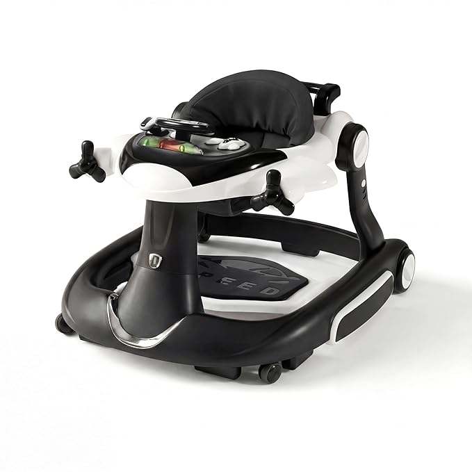 7 in 1 Foldable Baby Walker, Infant Activity Walker w/Adjustable Height, Detachable Play Tray with Music & Light, Baby Push Walker with Wheels for Boys Girls 7-18 Months, Speed Control, Black
