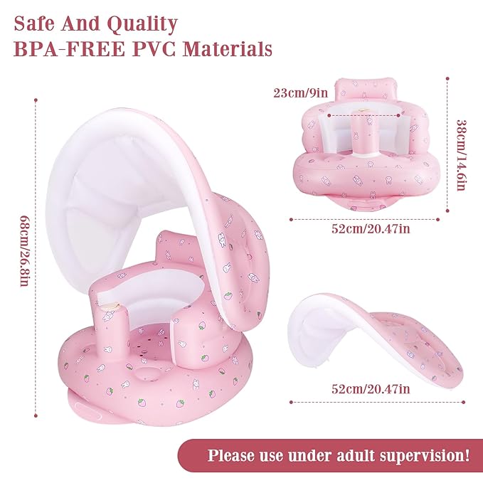 AirSwim Inflatable Baby Seat with Detachable Canopy and Built-in Pump, Inflatable Baby Chair for Babies 3 Months and Up, Sit Me Up Chair for Outdoor Indoor, Bumbo Seat for Infants, Strawberry