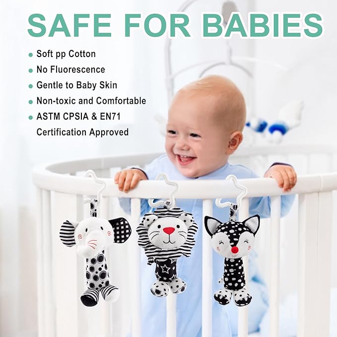 Black & White Baby Wind Chime Hanging Toys - High Contrast Rattles for Newborns 0-12 Months, Stroller & Car Seat Mobile, Hanging Rattle Toys for Babies, Clip Hanging Plush Squeeze Toys