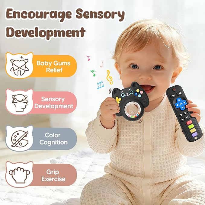 2 Pack Baby Teething Toys for Babies 3-6 6-12 12-18 Months, BPA-Free Silicone Remote Control Rattle Teether Toys, Baby Chew Toys for Teething Relief & Sucking Needs