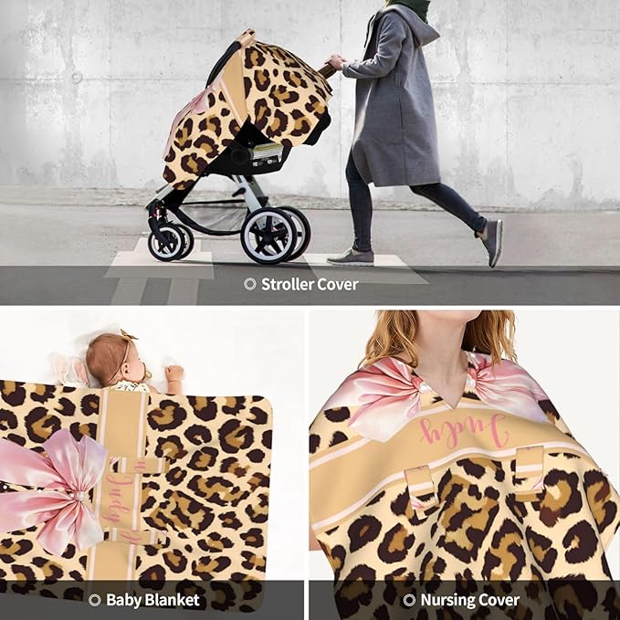 Personalized Baby Car Seat Canopy with Name, Leopard Infant Car Seat Cover, Nursing & Breastfeeding Stroller Cover, Newborn Shower Gift for Baby Girls