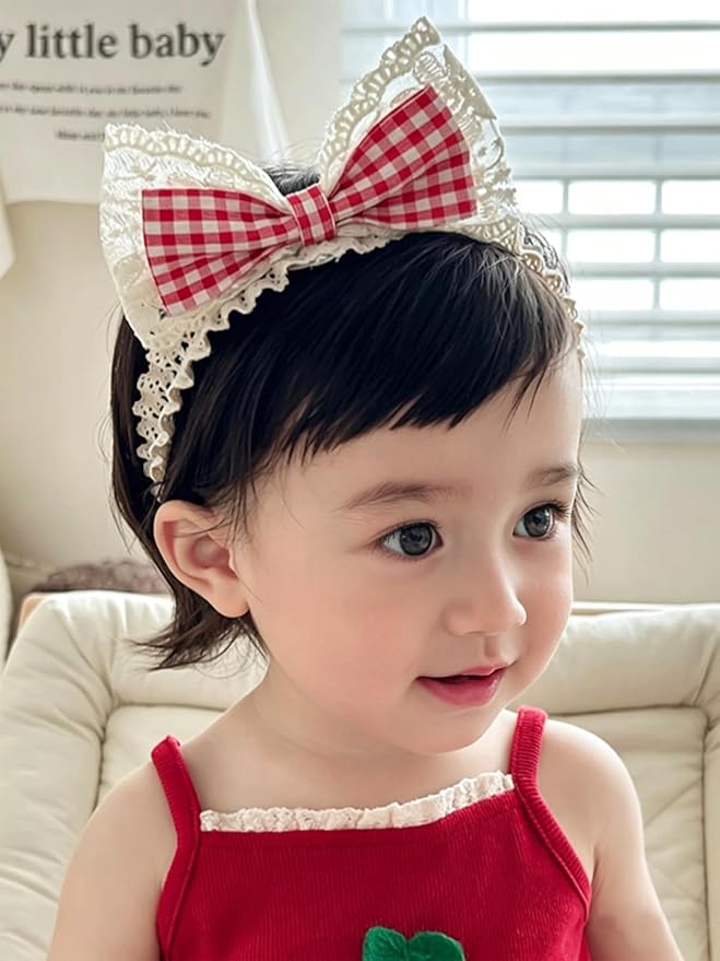 Baby Girls Hairbands Bow Lace Headband Handmade Soft Stretchy Pink Bowknot Hairbands Newborn Hairband with Bows Elastic Hair Bands for Kids Infant(Red Plaid Bow