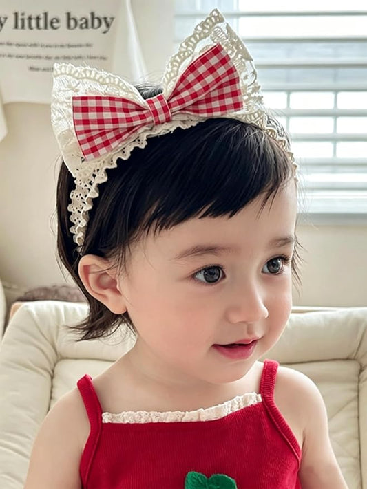 Baby Girls Hairbands Bow Lace Headband Handmade Soft Stretchy Pink Bowknot Hairbands Newborn Hairband with Bows Elastic Hair Bands for Kids Infant(Red Plaid Bow