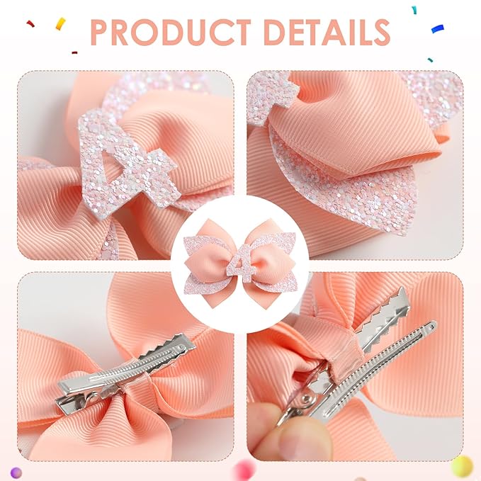 Glitter Birthday Hair Bow for Baby Girls 1 2 3 4 5 6 Years Peach Party Decoration Hair Accessories for Four 4th Birthday