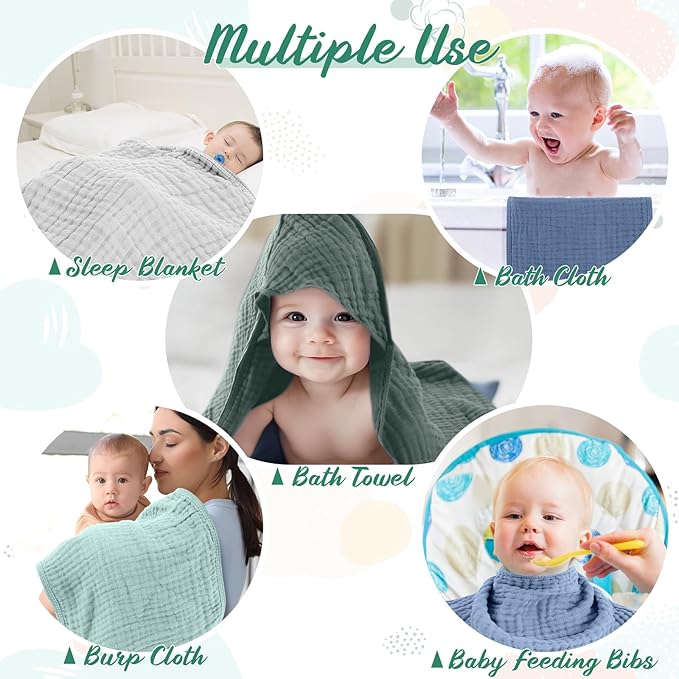 VitalCozy 8 Pcs Baby Muslin Hooded Bath Towels and Washcloths Muslin Cotton Hooded Baby Towels Absorbent Blankets for Gift Newborn Infant Shower (32 x 32 Inch,Mist Colors)