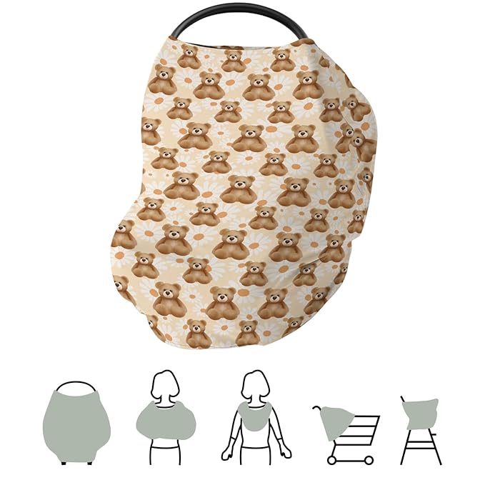 Vintage Bear Daisy Baby Car Seat Covers Retro Bears Boho Floral Stretchy 5-in-1 Cover Adjustable Car Canopy Breastfeeding Cover Spring Animals Breathable Nursing Cover-Up