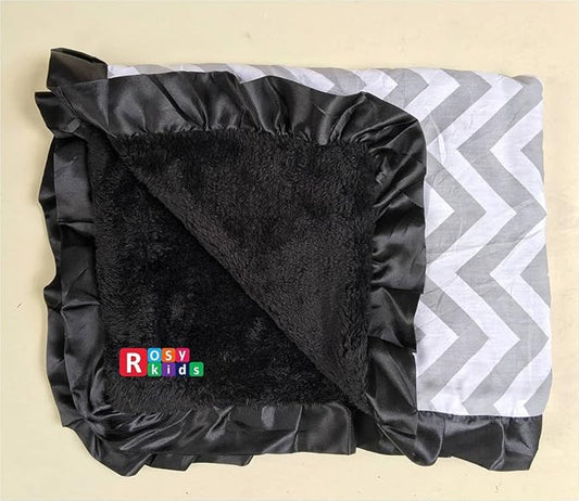 Rosy Kids Soft Baby Blanket, Outdoor Kit Standard Size for Baby Girl and Baby Boy, Grey Chevron Cotton Black Velvet