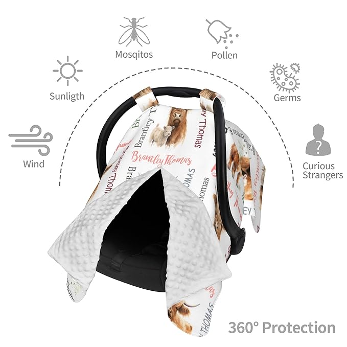 Personalized Baby Car Seat Canopy with Name Custom Minky Highland Cow Car Seat Covers Nursing Cover for Breastfeeding Multi-Use Cover Infant Carrier Carseat Winter Cover for Newborn Girls Boys